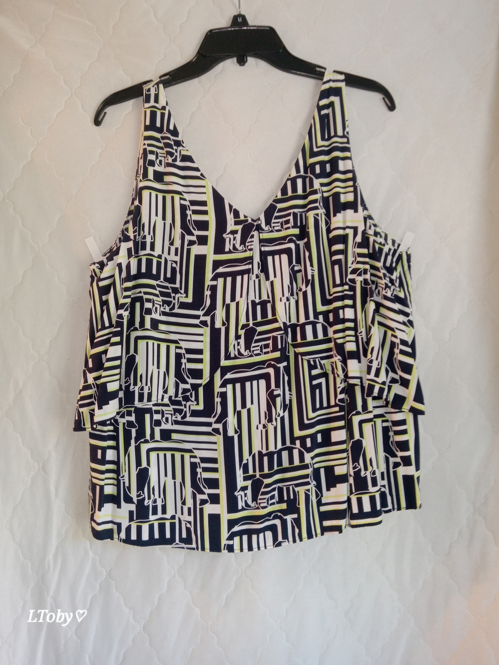 crown & ivy Navy, White & Lime Geometric Elephant Print Ruffle Blouse
